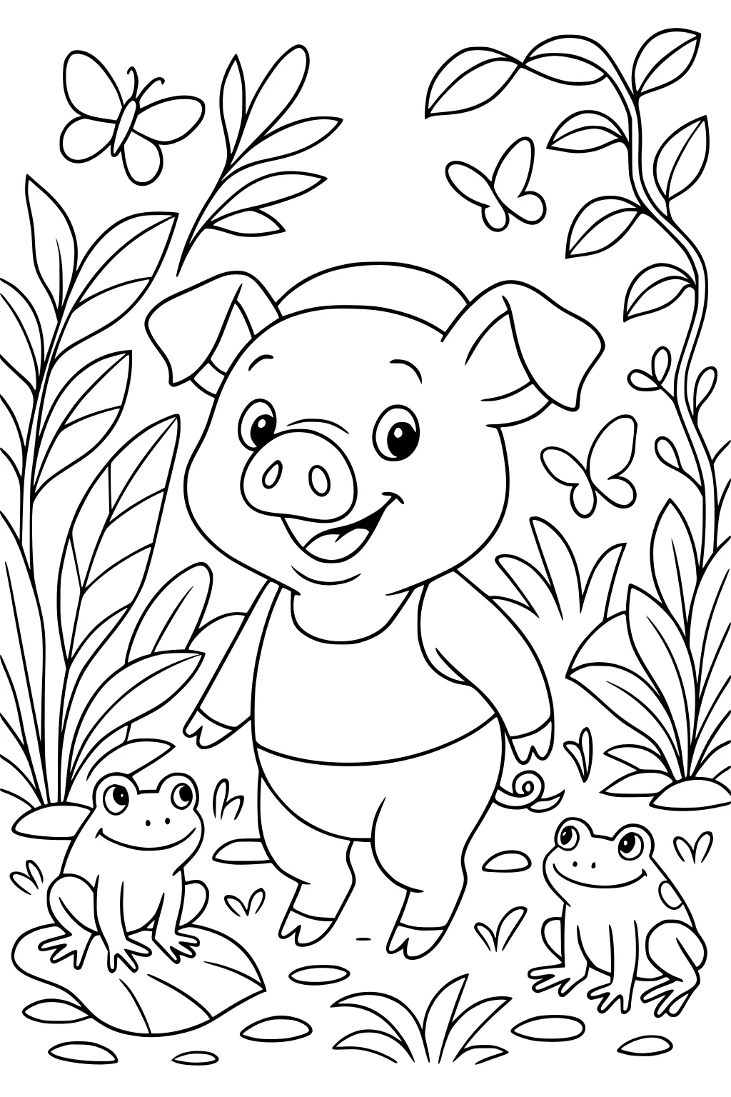 Happy piglet smiling in grass with two frogs, leafy plants, and butterflies in the background.