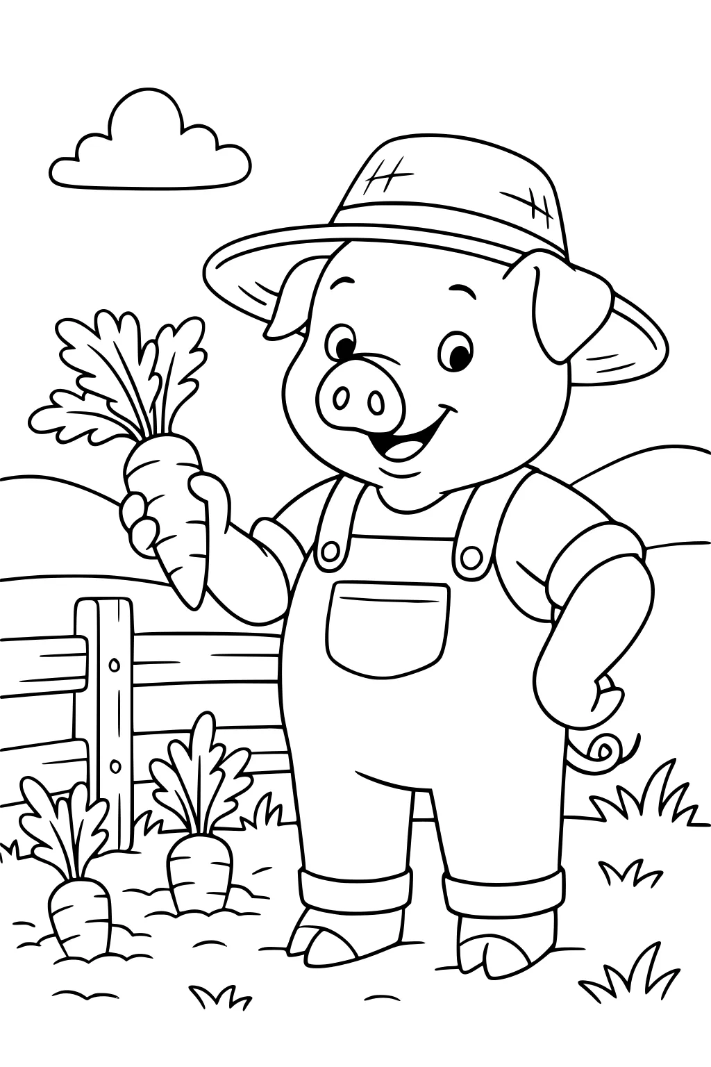 Pig in overalls and a hat holds a carrot, standing in a farm garden with a fence, carrots, grass, and hills in the background.