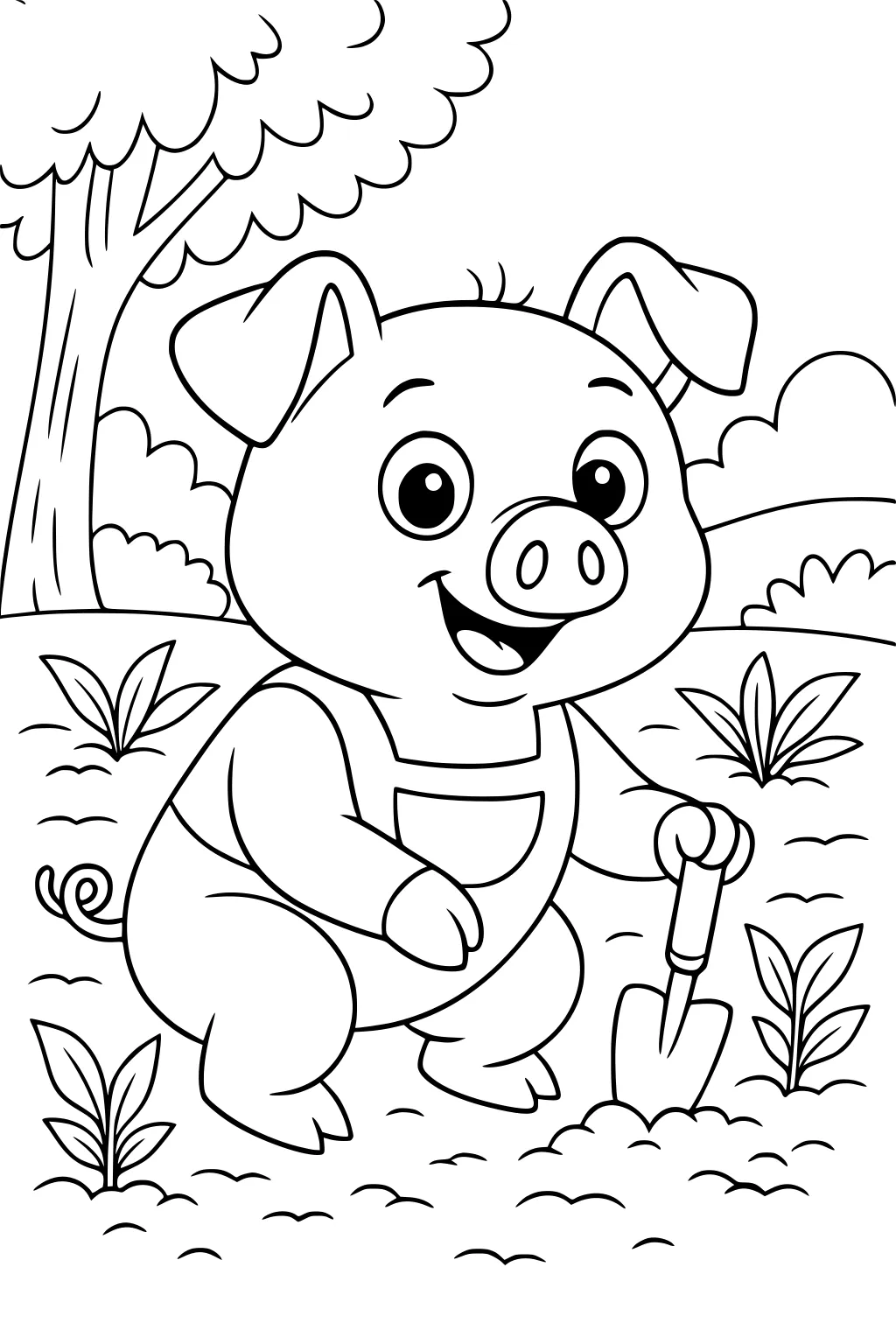 Cartoon pig in overalls digging in a garden with a shovel. Plants and a tree stand in the background.