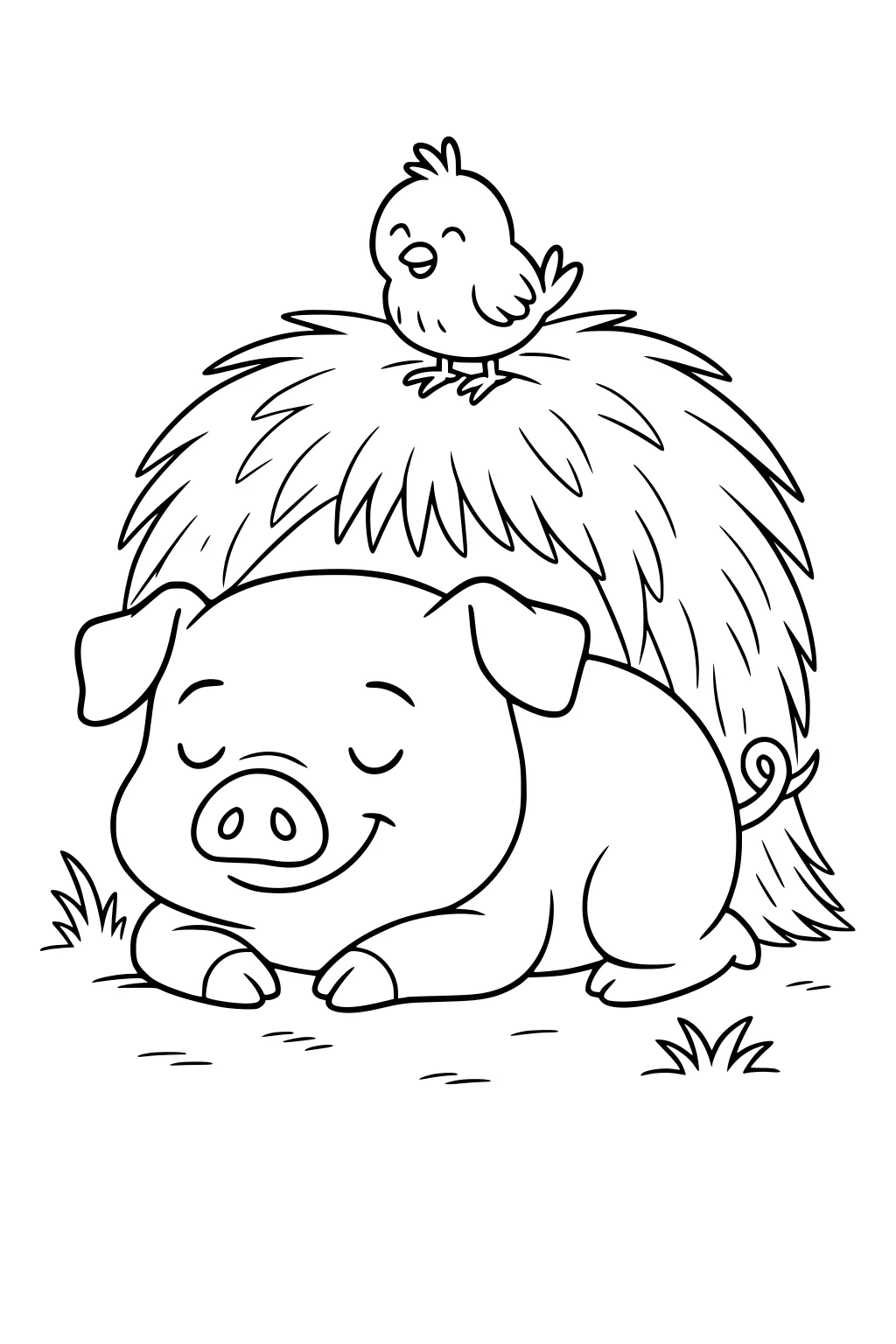 Sleeping pig beside haystack with happy chick perched on top, grass tufts around them.
