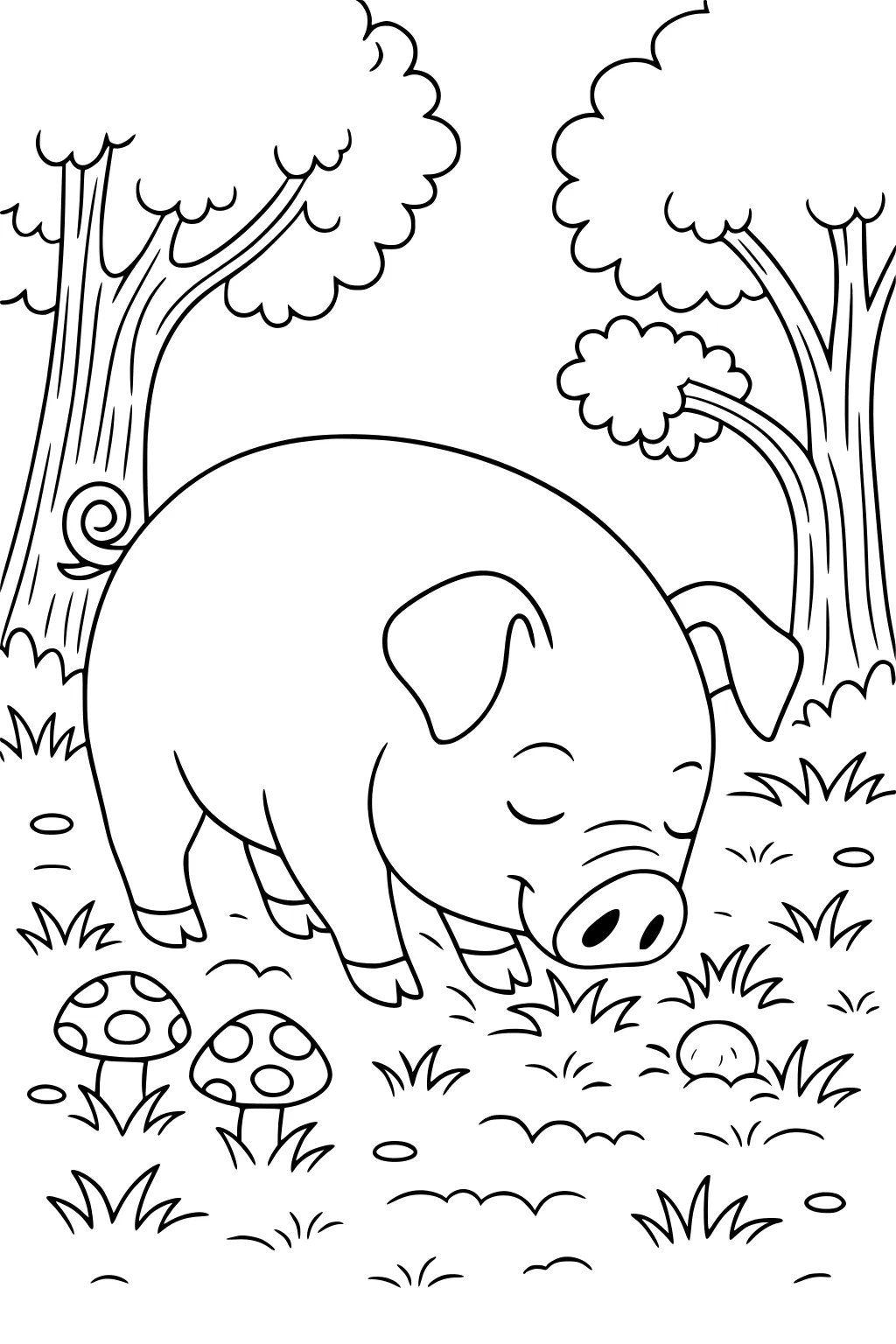 Pig with eyes closed sniffing grass, surrounded by trees, mushrooms, rocks, and patches of grass in a forest.