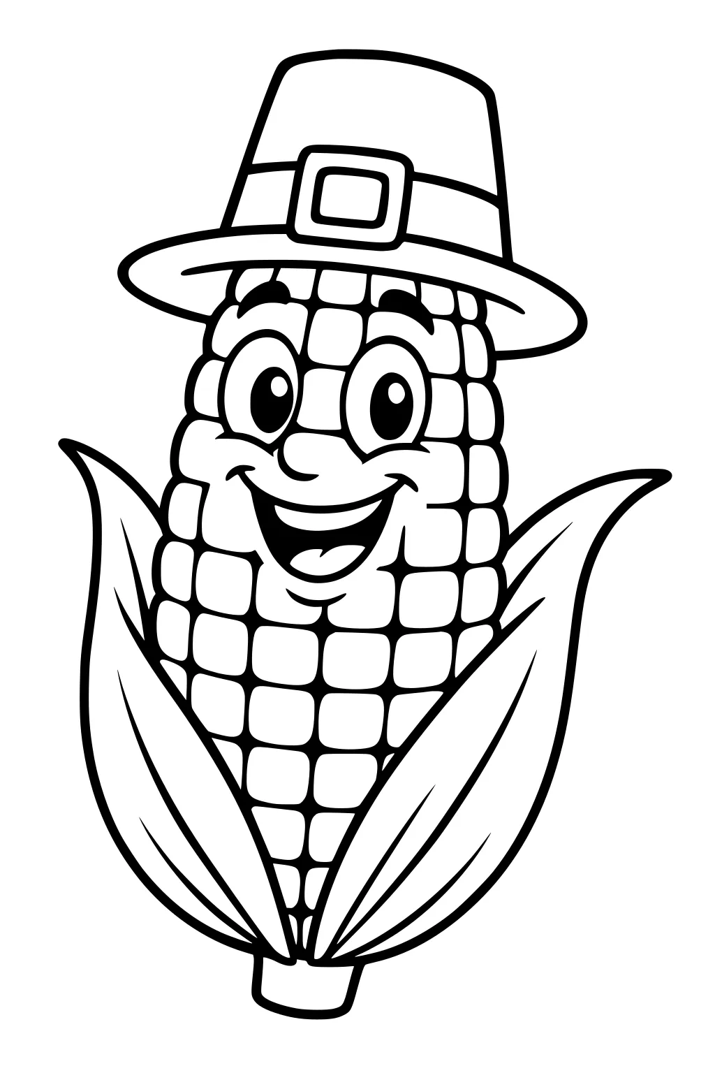 Smiling cartoon corn cob in a pilgrim hat with buckle, husks peeled open, big eyes and grin, bold outlines for easy coloring.