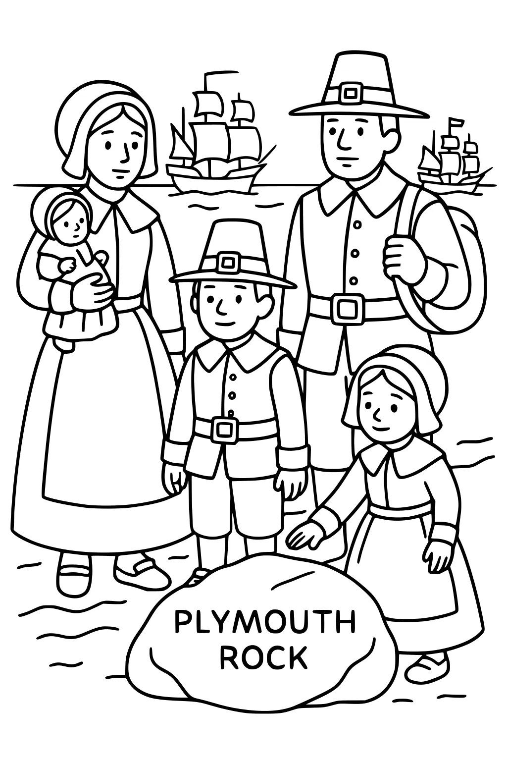 Pilgrim mother, father, boy, girl, and baby by Plymouth Rock with sailing ships in the harbor.