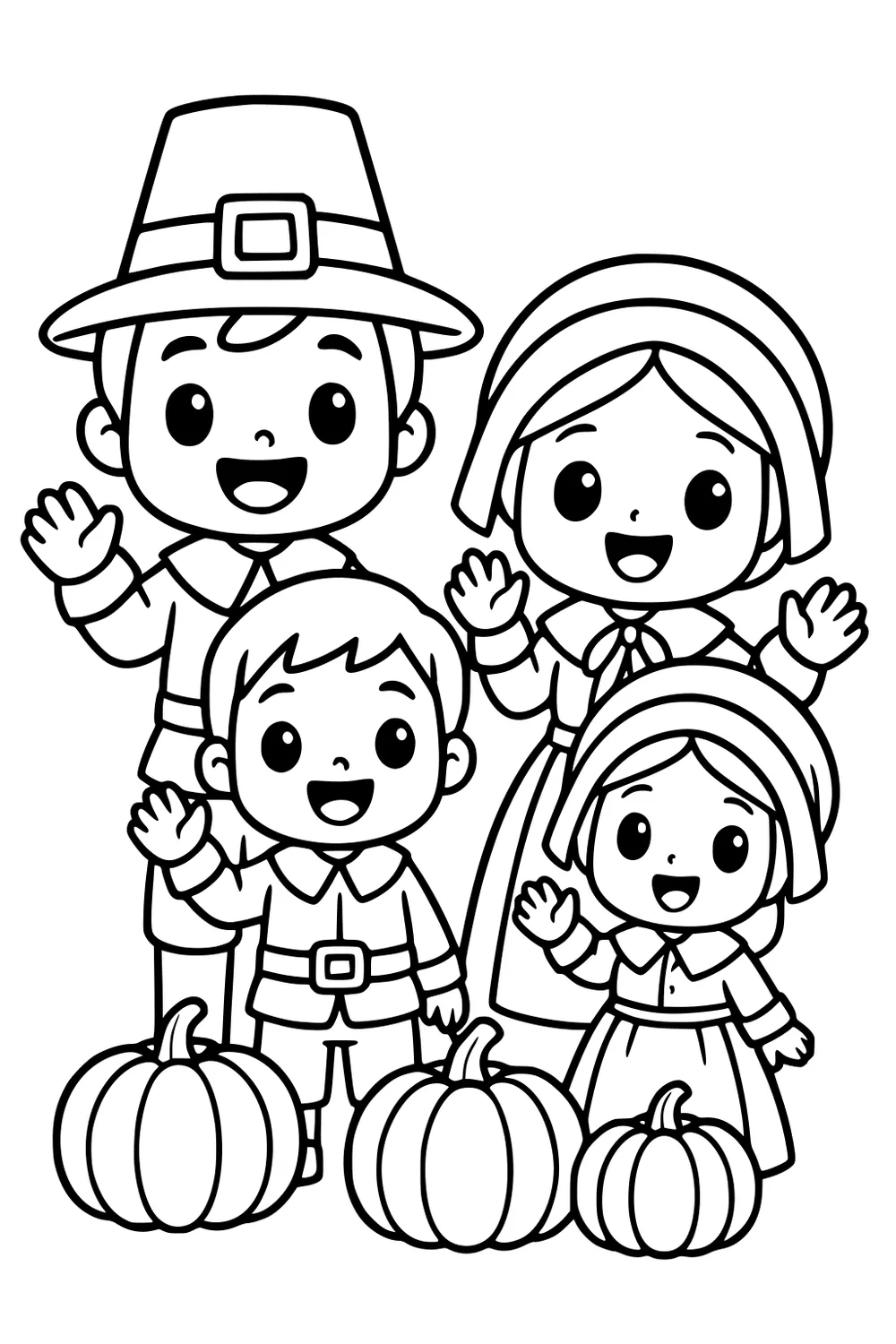 Smiling Pilgrim family of four waving, dad in buckle hat, mom and daughter in bonnets, boy with belt, three pumpkins at their feet.