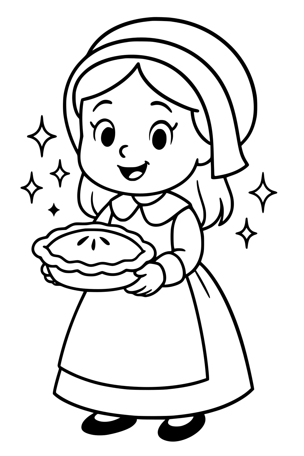 Smiling Pilgrim girl in bonnet and apron holding a pie with sparkles; simple outline, long dress, Thanksgiving history theme.