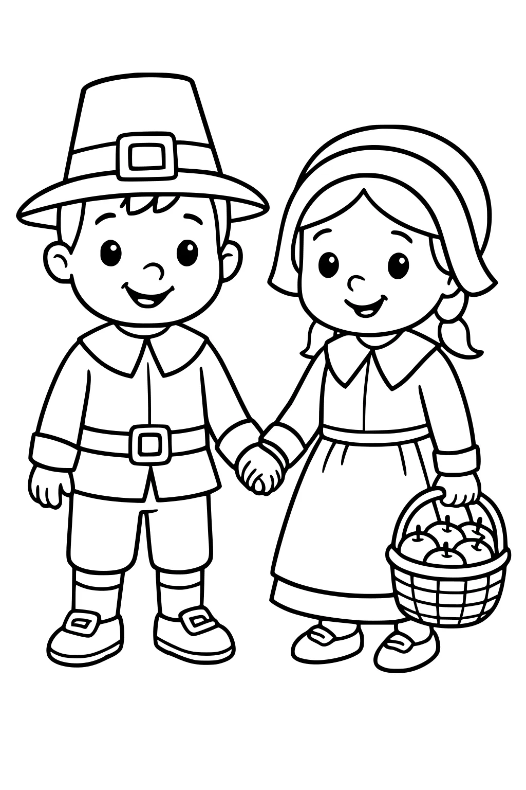 Pilgrim boy and girl hold hands; girl carries basket of apples; buckle hat, collars, and shoes; simple background.