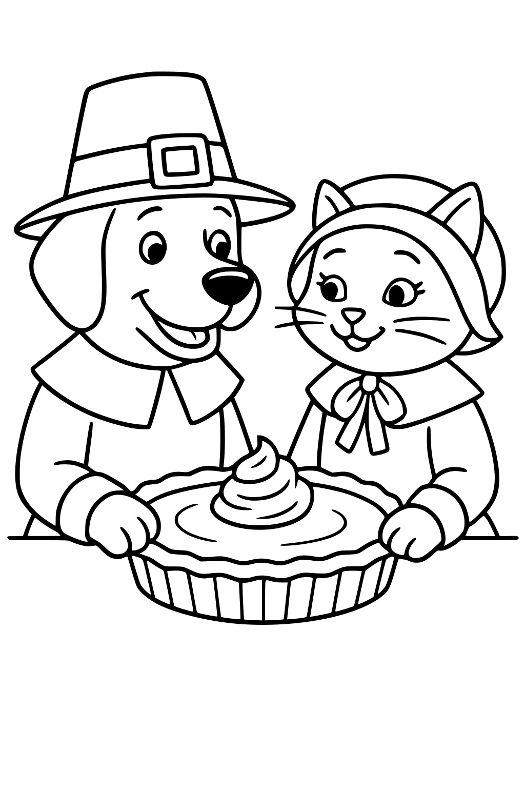 Smiling boy dog in pilgrim hat and girl cat in bonnet hold a pie with whipped cream in a fluted pan on a table.