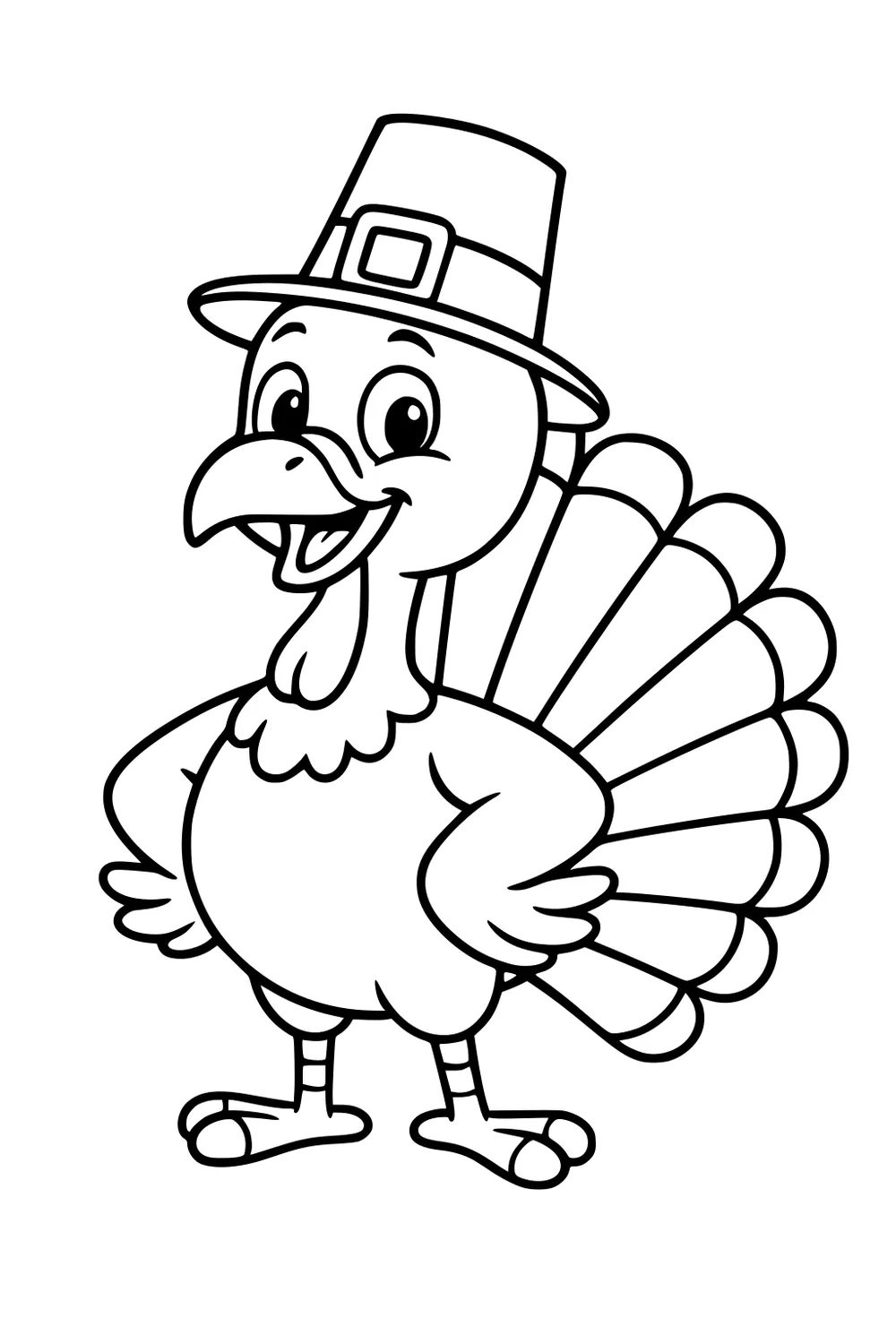 Smiling cartoon turkey in pilgrim hat with fanned tail feathers and wings on hips, standing upright.