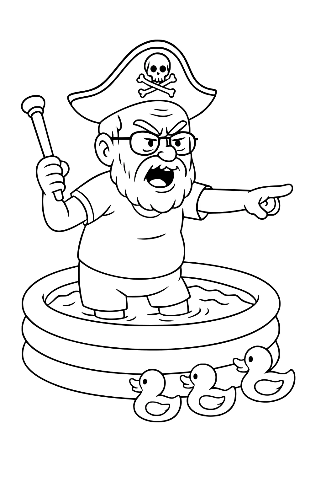 Cartoon grandpa in a pirate hat stands in a kiddie pool, pointing a toy baton at three rubber ducks lined up beside the pool.