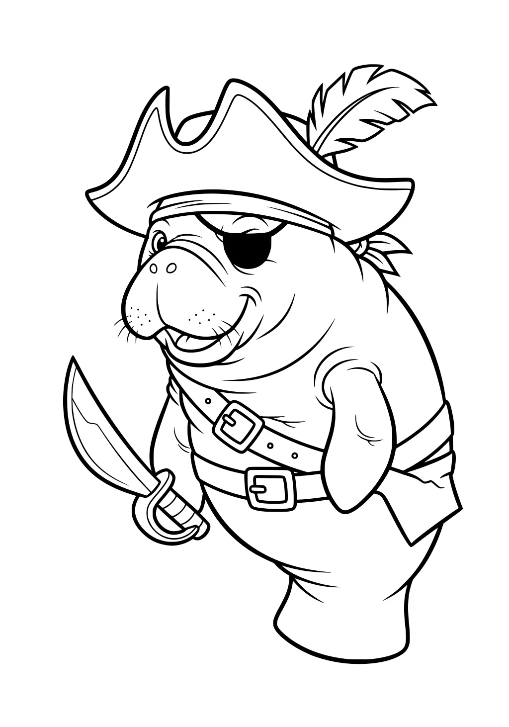 Pirate manatee wearing a feathered hat and eye patch, belts across his middle, holding a pirate sword.