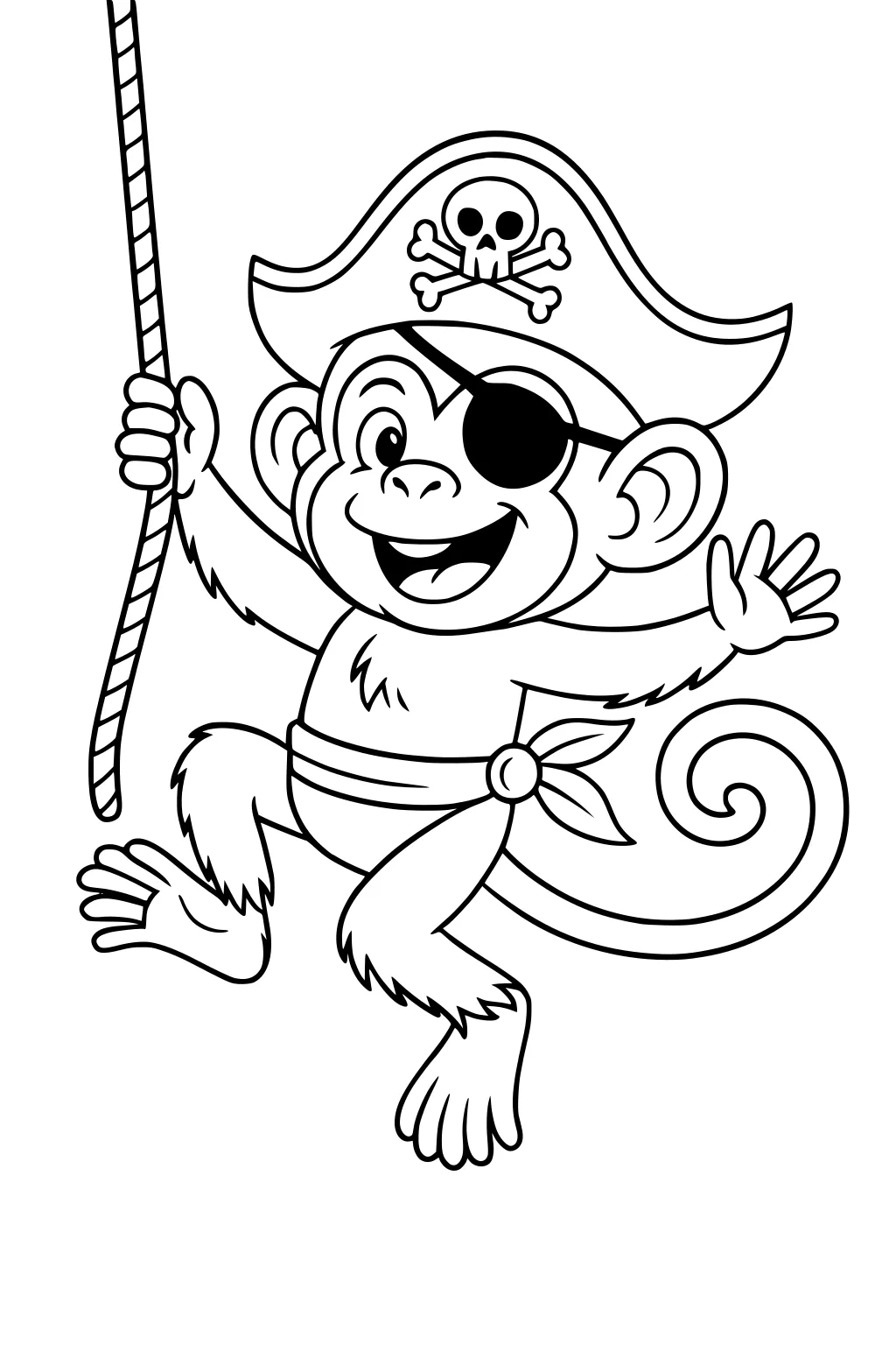 Monkey dressed as a pirate with a hat and eye patch, swinging on a rope and smiling with arm raised.