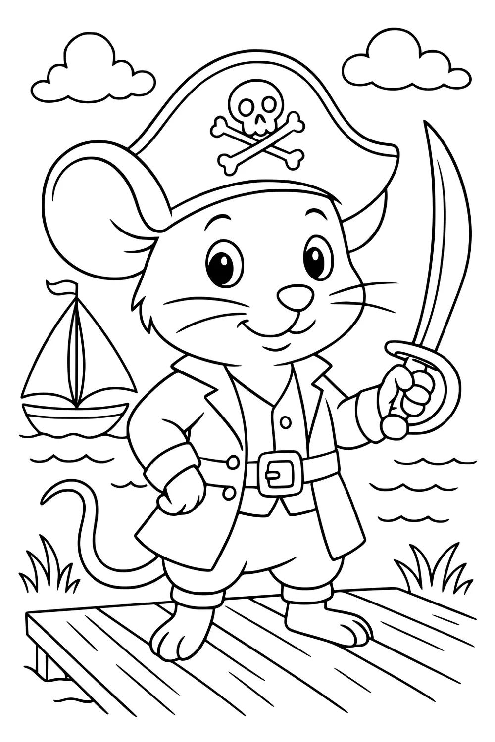 Pirate mouse with hat and sword stands on dock by water, with a sailboat and clouds in the background.