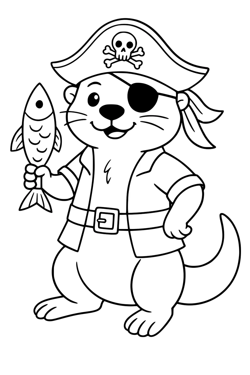 Cartoon otter pirate with an eye patch, pirate hat, and coat, holding a fish and smiling.