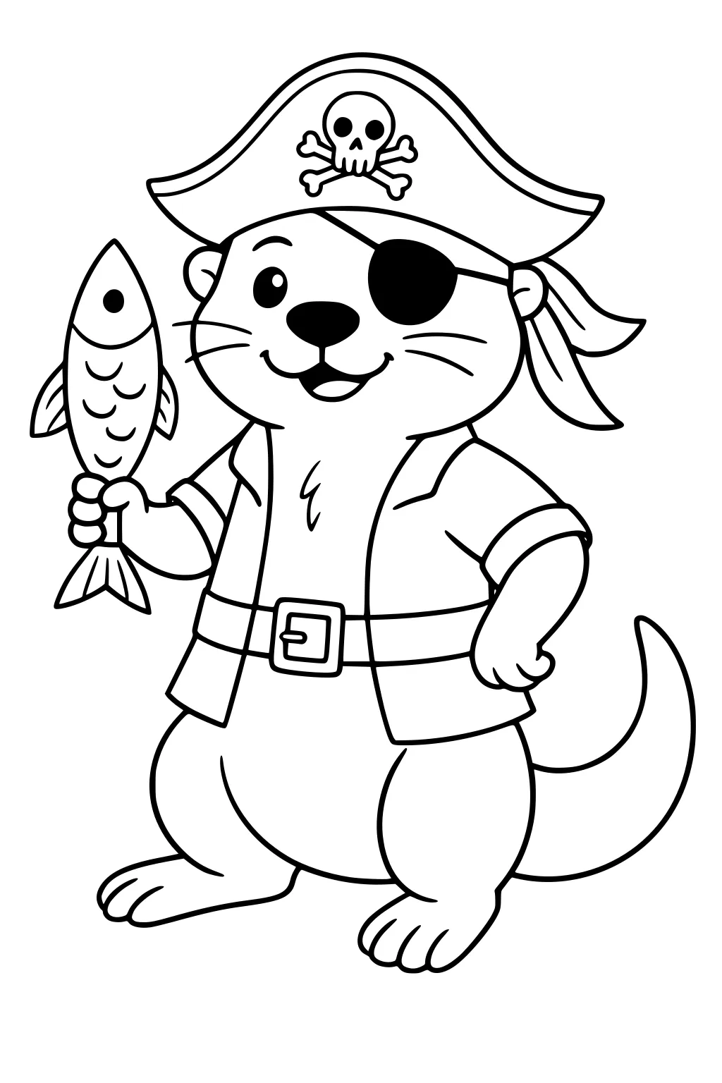Cartoon otter pirate with an eye patch, pirate hat, and coat, holding a fish and smiling.