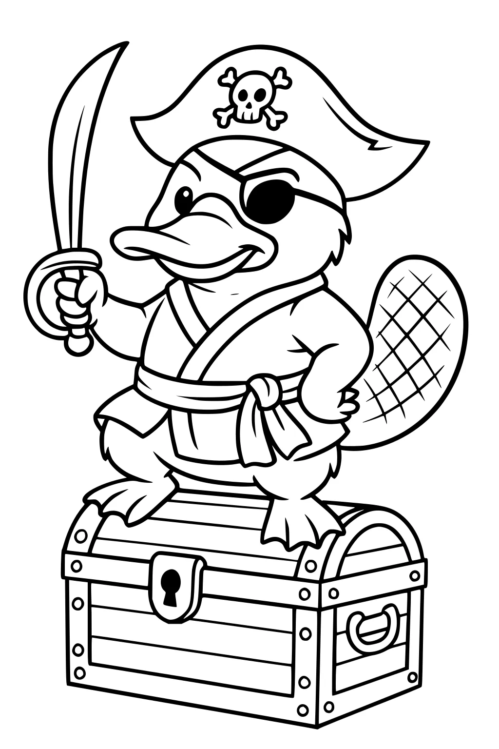 Pirate platypus with a sword, skull hat, and eye patch stands on a treasure chest, tail showing behind.