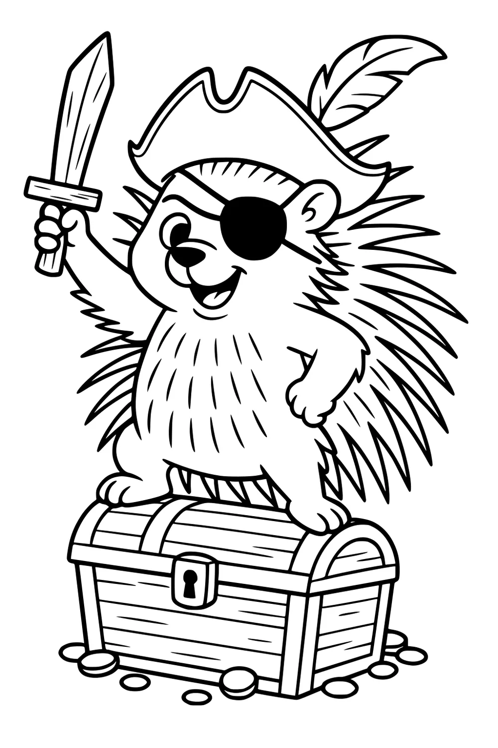 Pirate porcupine with eye patch and sword standing on a treasure chest with coins