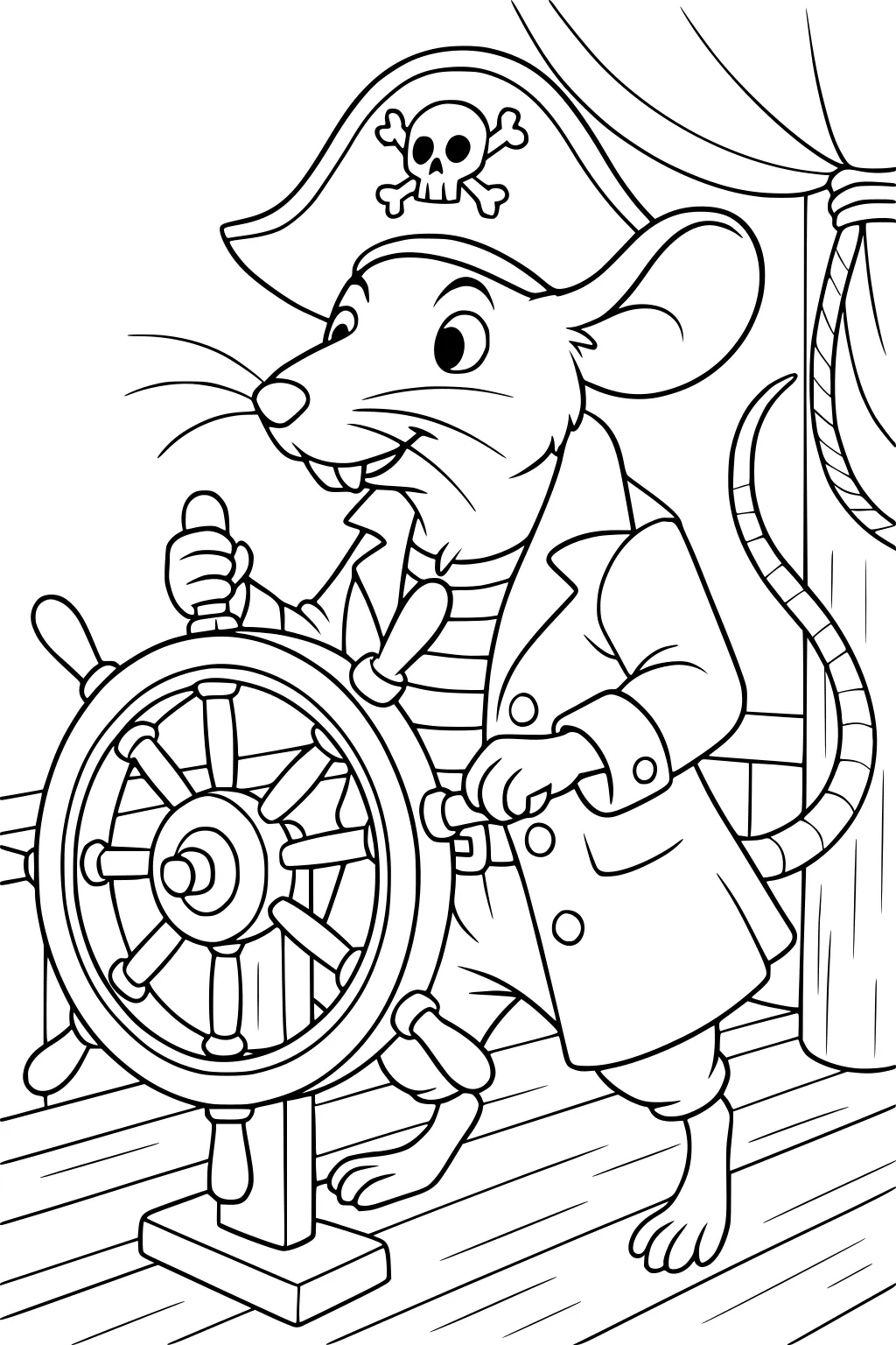 A rat dressed as a pirate captain steering a ship’s wheel, with a pirate hat, coat, and striped shirt on a deck.