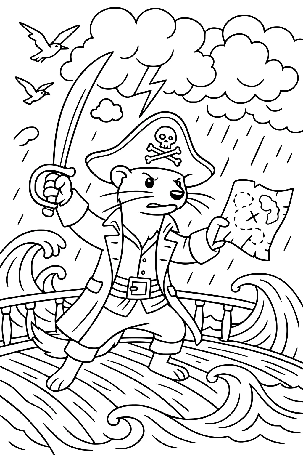 Pirate weasel holding a map and sword on a stormy ship deck with clouds, waves, rain, and flying birds.