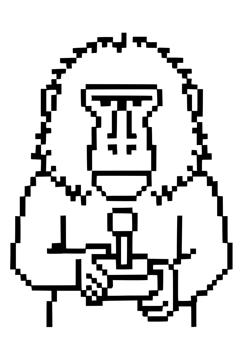 Baboon with a square mane holding a snack, drawn in chunky, blocky cartoon lines.