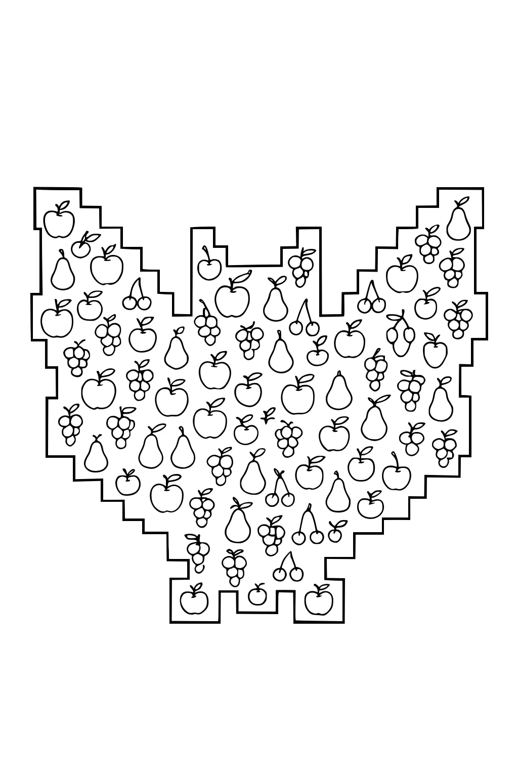 Pixel outline of a bat filled with scattered apples, grapes, pears, and cherries in neat rows.