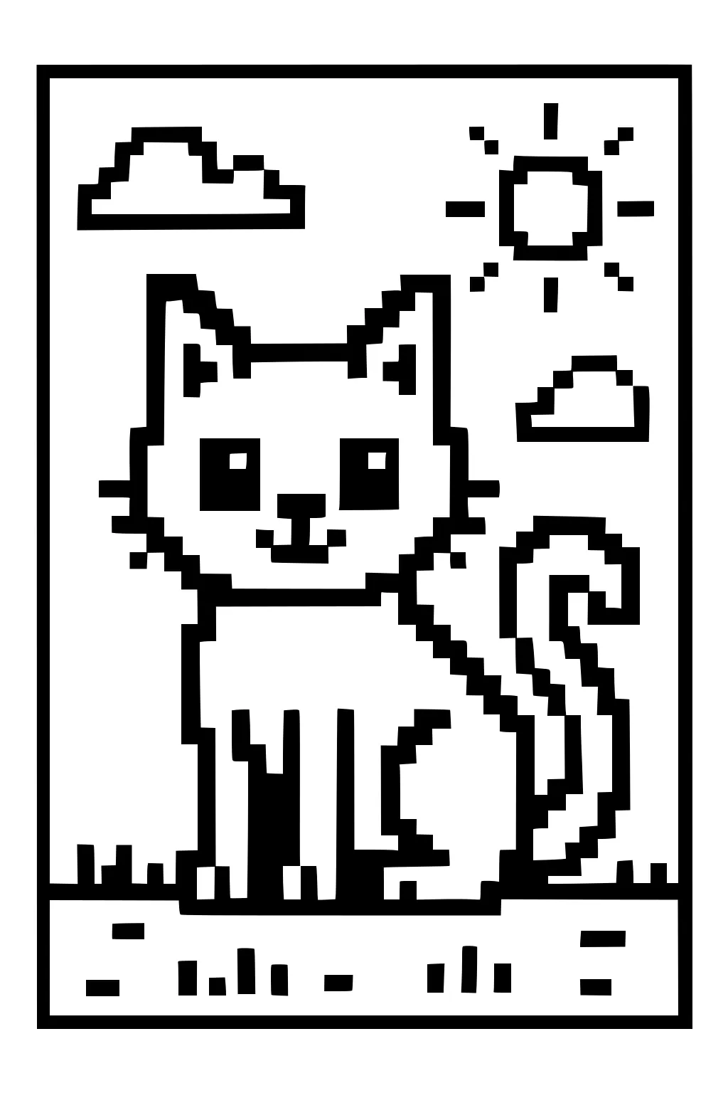 Pixel cat with big eyes and curly tail sitting on grass under sun and clouds.
