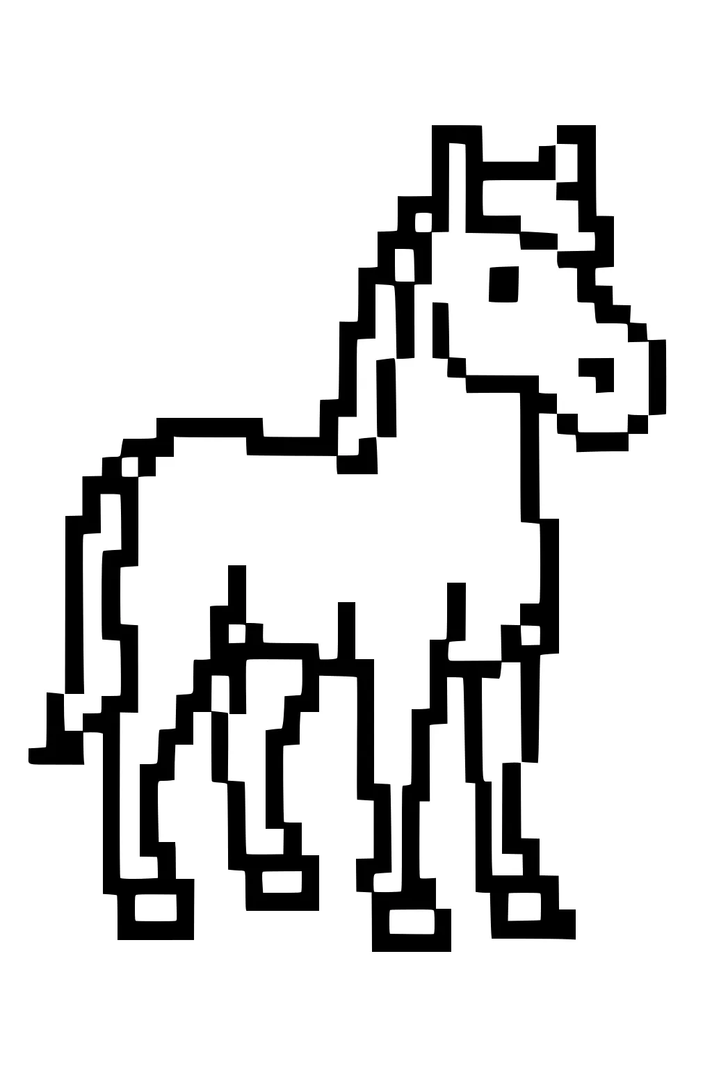Pixelated horse facing right with blocky lines and square legs, mane, tail, and ears on a plain white background.