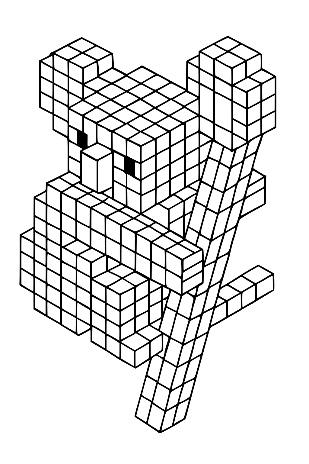 Blocky koala made of cube shapes sits on a pixelated branch like a geometric video game character.