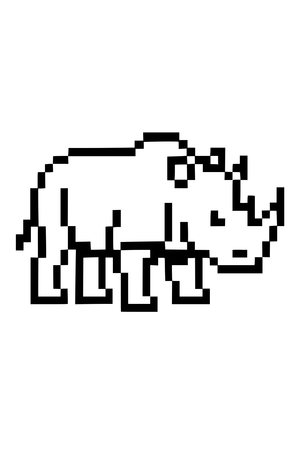 Pixelated rhinoceros with blocky legs and a single horn, outlined in thick black lines on a white background.