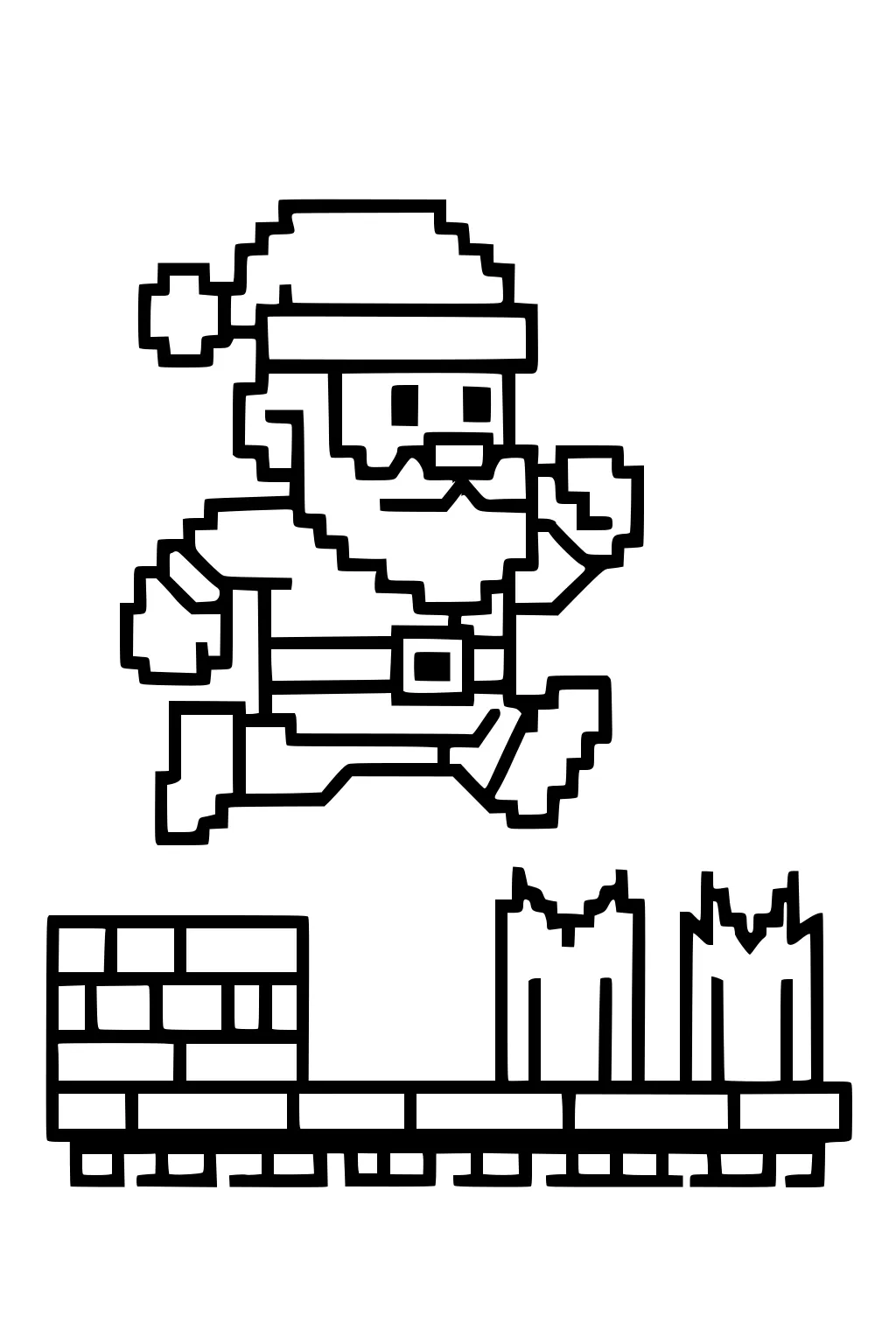 8-bit Santa jumps over jagged spikes on a brick platform, mid-run with hat, beard, belt, and boots.