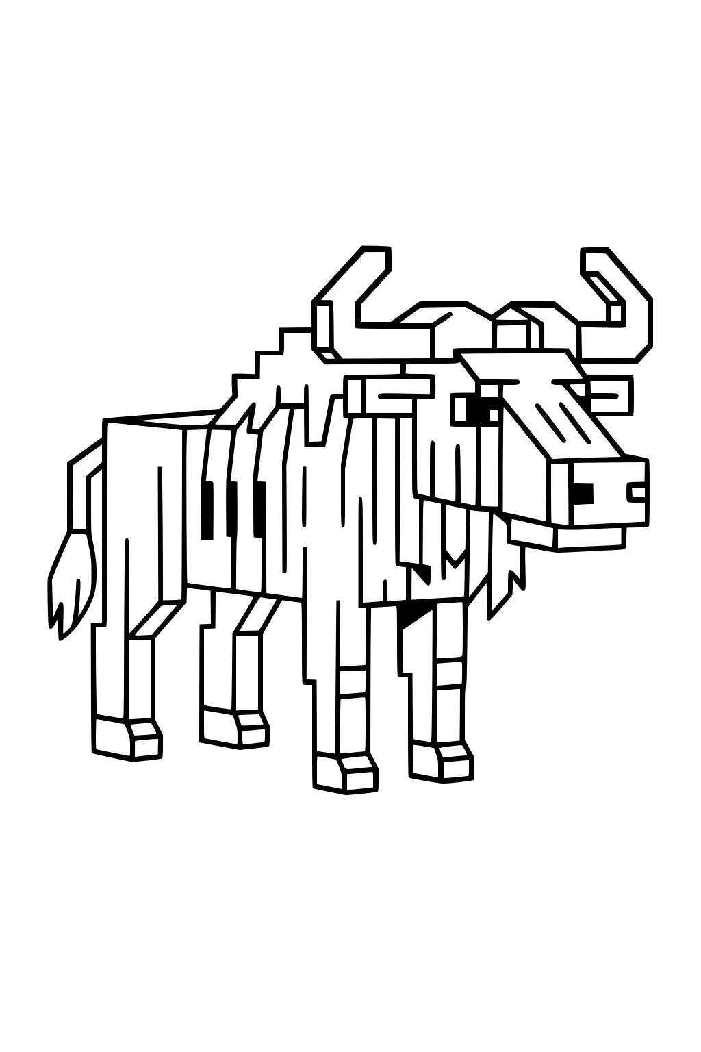 Blocky cartoon wildebeest with square horns, shaggy mane, boxy legs, and tufted tail in pixel style, outlined in black on white.