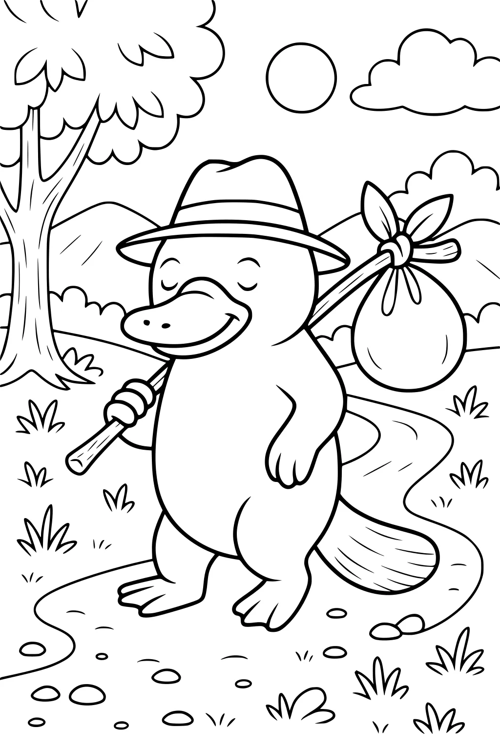 Platypus wearing a hat, carrying a bundle on a stick, walking on a path with trees, grass, sun, and clouds.