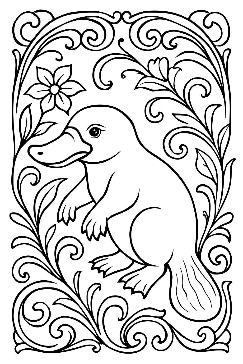 Platypus with duck bill and flat tail surrounded by curly vines, leaves, and two large flowers.