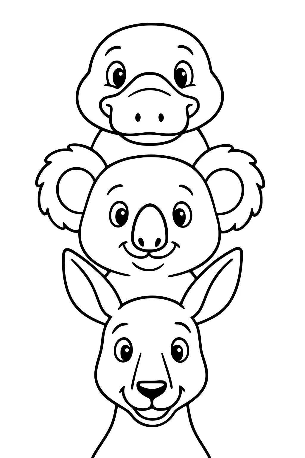 Happy platypus, koala, and kangaroo faces stacked in a tower, each with big eyes and sweet expressions.
