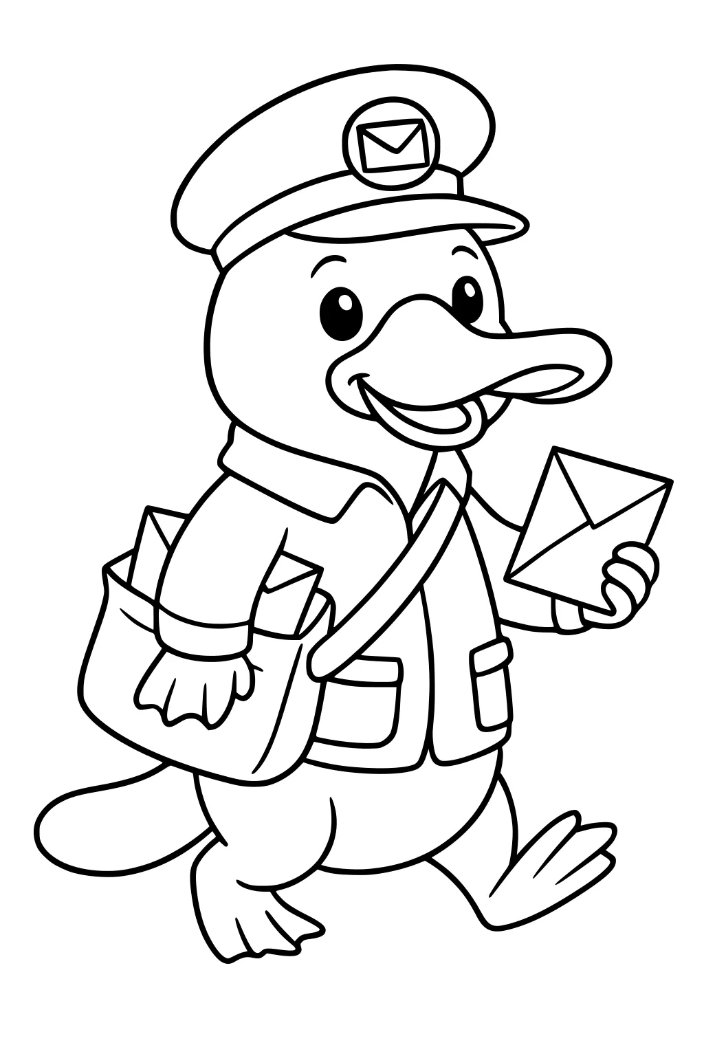 Platypus in a mail carrier hat and jacket, holding an envelope and a mailbag full of letters.
