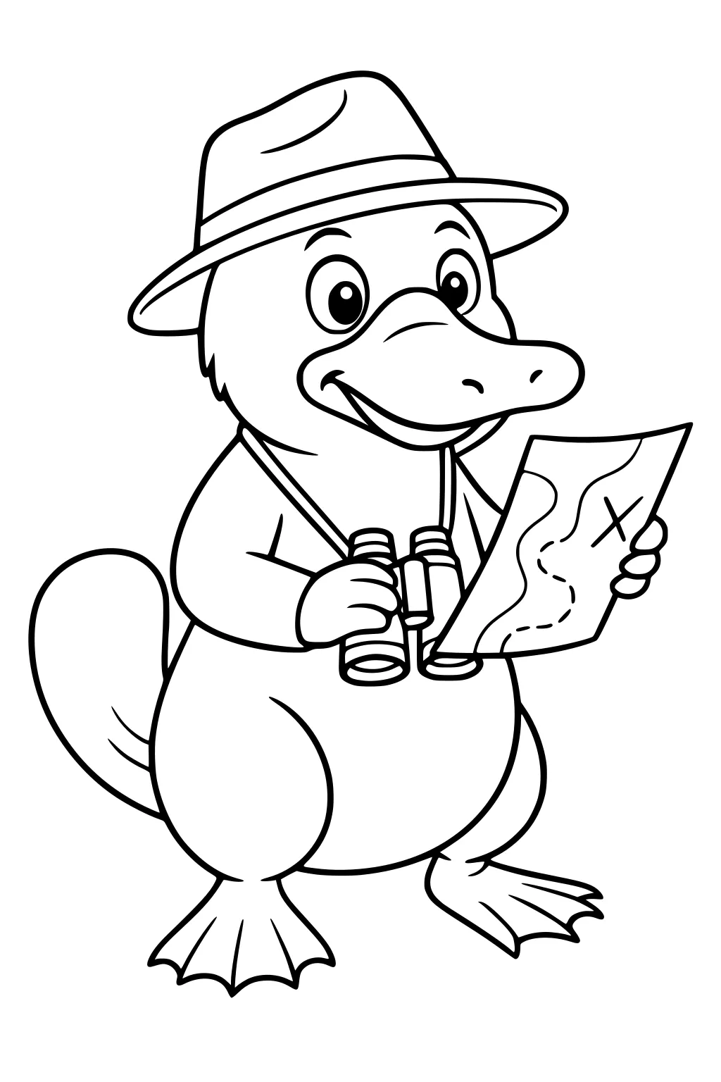 Platypus in a big hat holding binoculars and a treasure map with an X marked, standing upright and smiling.