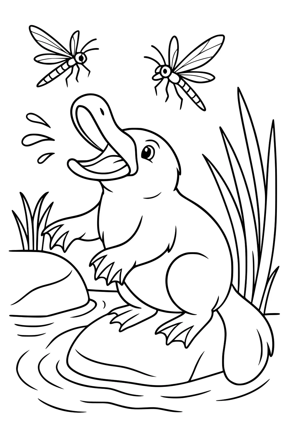 Platypus sitting on a rock in water, splashing with its bill, reeds on both sides, two dragonflies flying above.