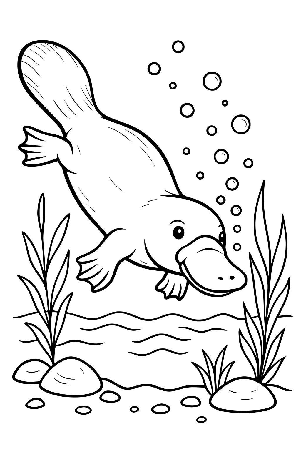 Platypus swimming underwater with bubbles, surrounded by plants and river rocks.