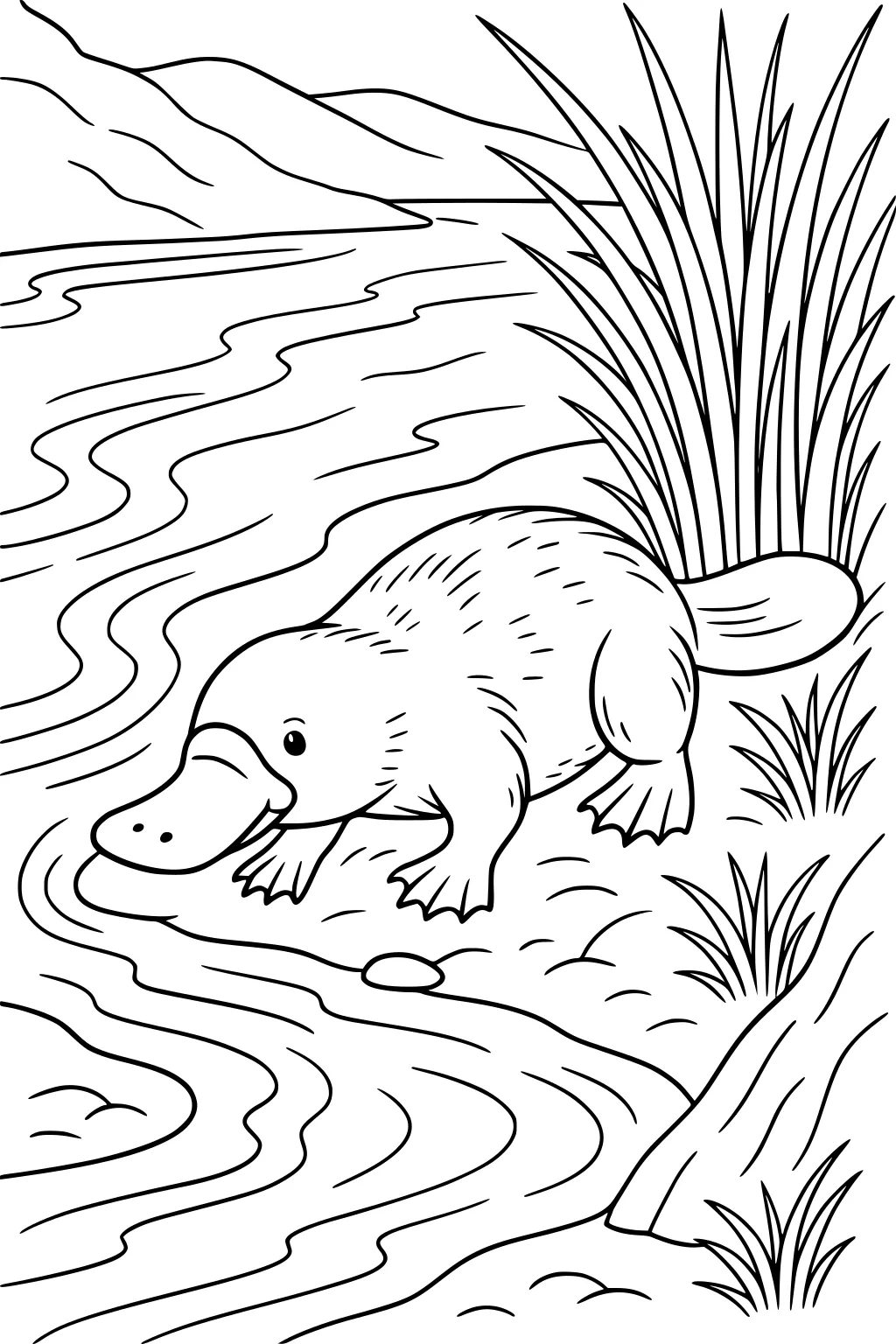 Cartoon platypus walking along the riverbank with water, grass, rocks, and hills in the background.