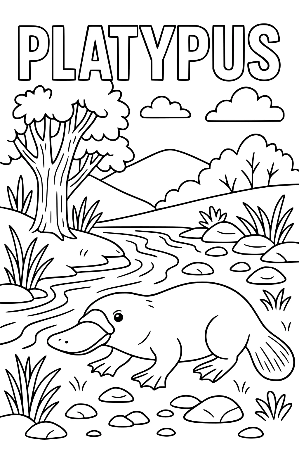 Platypus with bill and tail next to a creek, rocks, grass, a tree, hills, and clouds in the background.