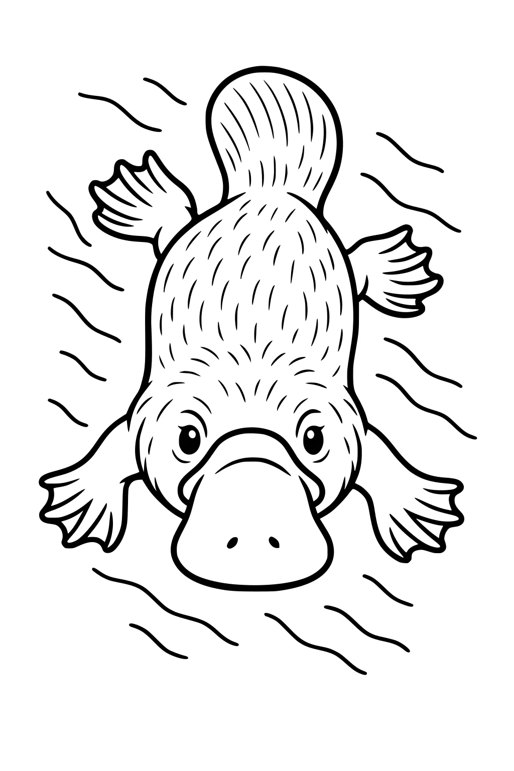 Platypus swimming with webbed feet spread out, bill facing forward, lines show water movement.