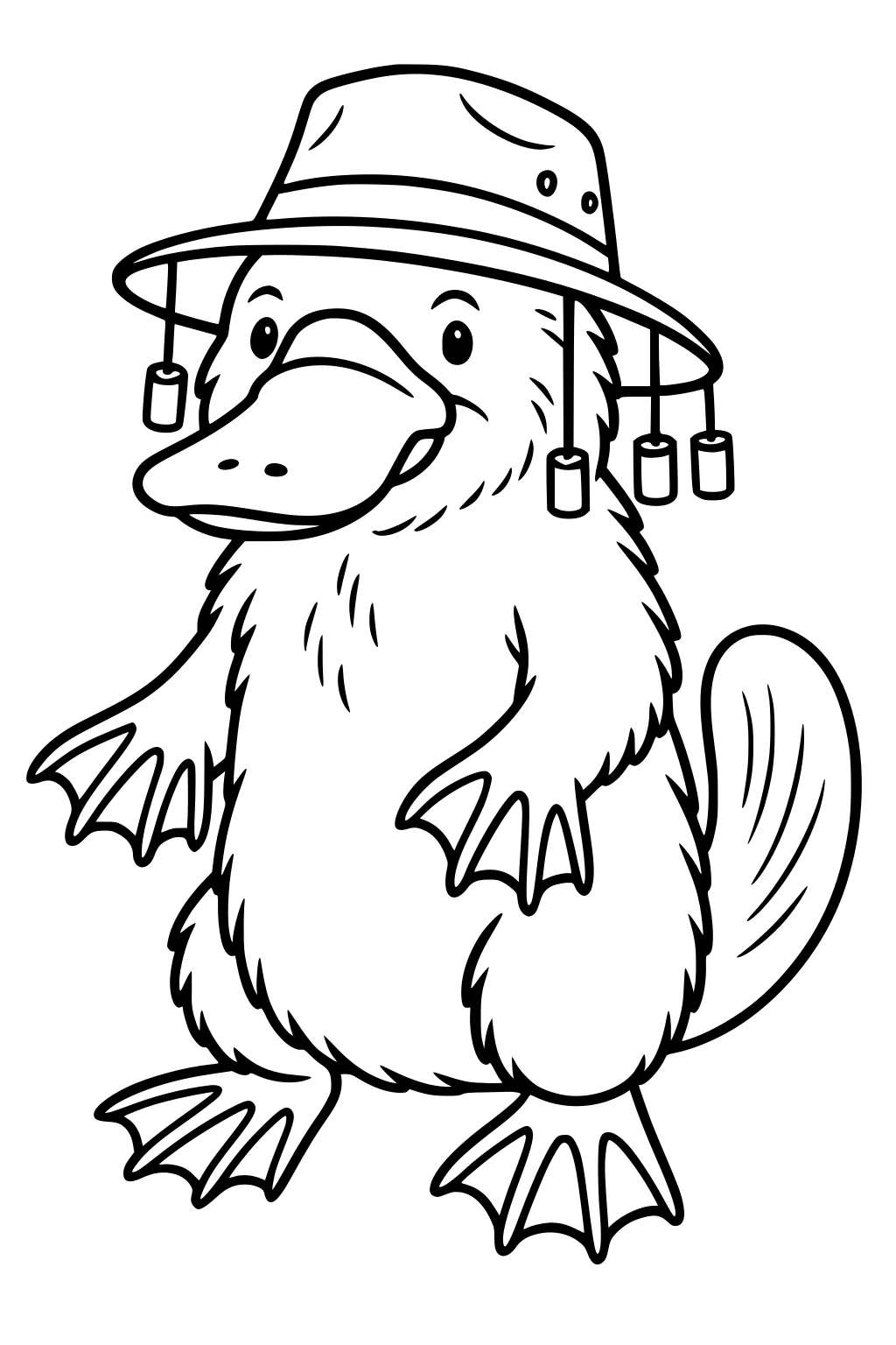 Platypus standing up wearing a hat with corks hanging down, showing four webbed feet and a flat furry tail.