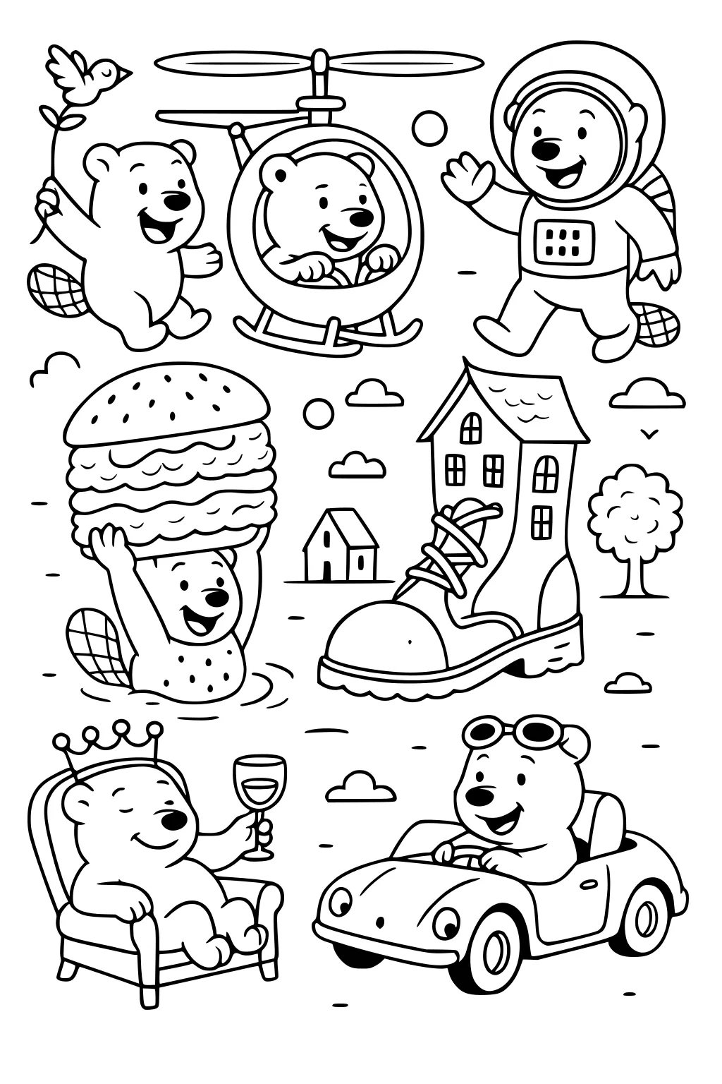 Six cartoon bears with a bird, helicopter, astronaut suit, giant hamburger, boot house, crown in chair, and toy car.