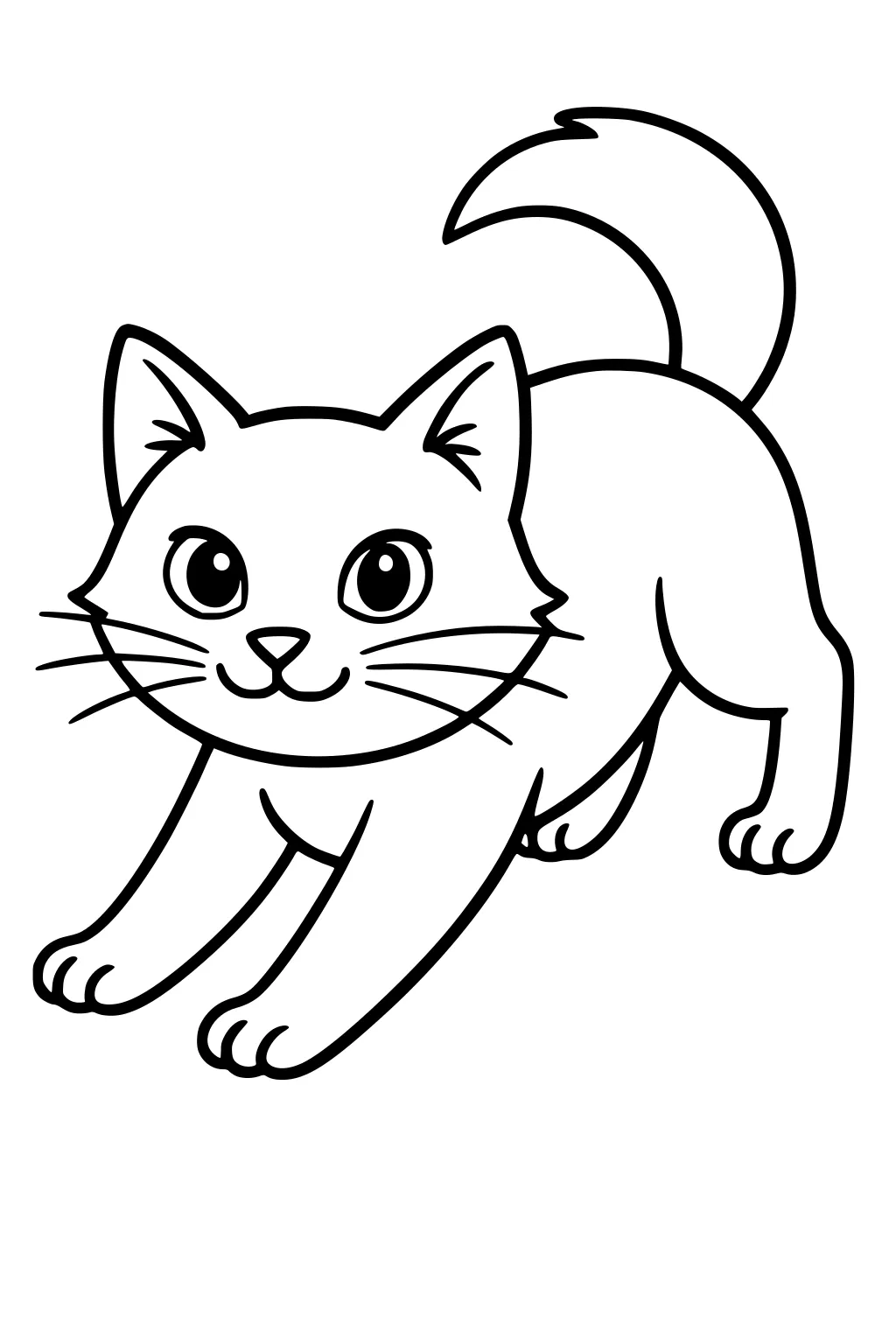 Line drawing of a playful domestic cat with wide eyes, long whiskers, stretched front legs, and an upright tail.
