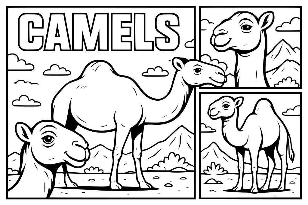Three cartoon camels in boxed frames with desert mountains, clouds, and scattered plants in the background.