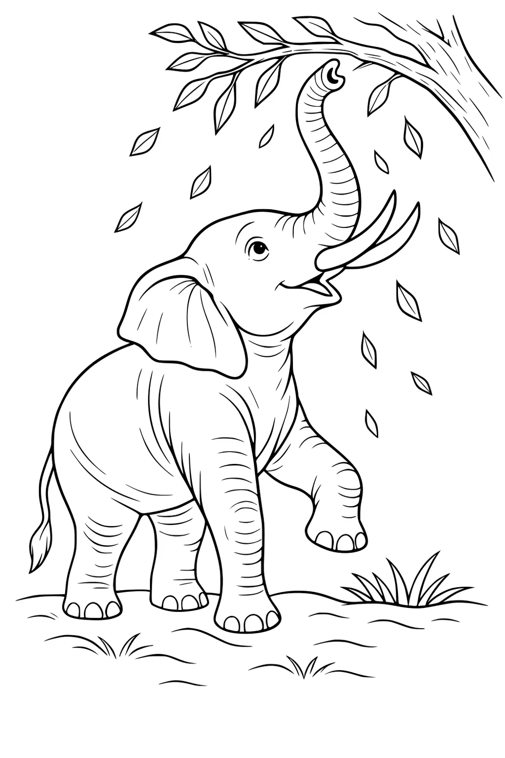 Young elephant on grass reaching its trunk up toward a branch with falling leaves above its head.