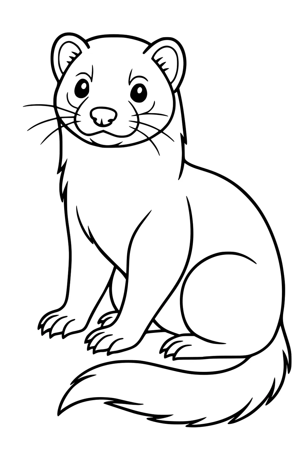 Cartoon ferret sitting upright with paws forward, fluffy tail curled along the ground, and big bright eyes.