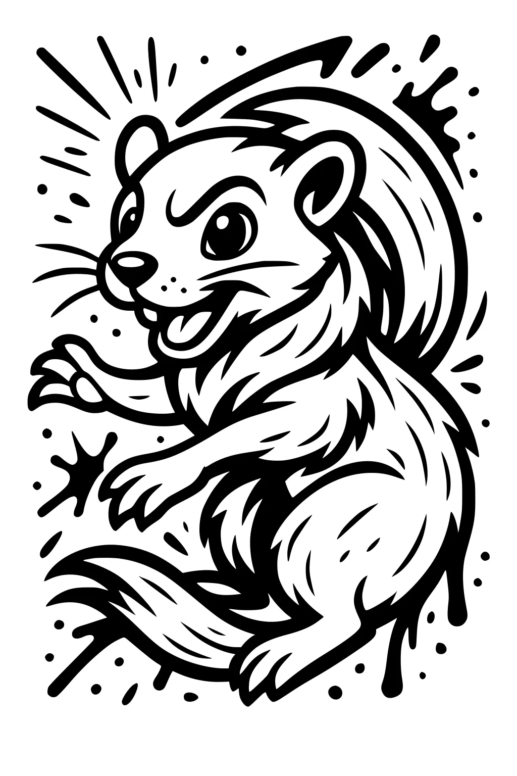 Cartoon ferret with fluffy tail, round eyes, and whiskers, surrounded by playful splash marks and bold outlines.