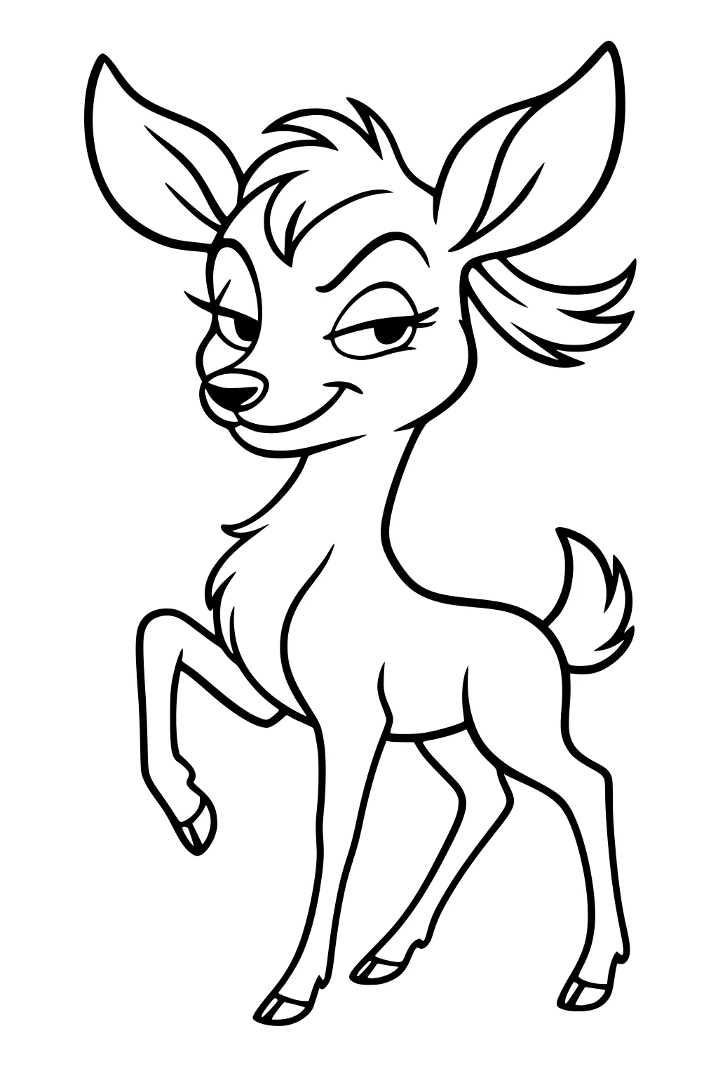 Cartoon fawn with large ears and a sly smile, standing on three legs and raising one front leg.