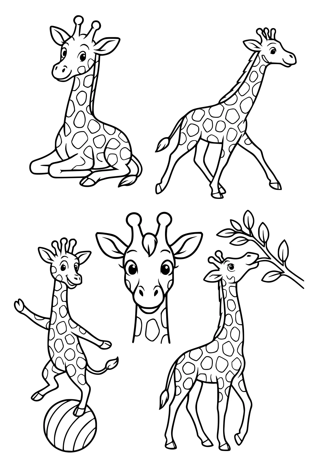 Five cartoon giraffes: sitting, walking, balancing on a ball, eating leaves, and one giraffe face in the center.