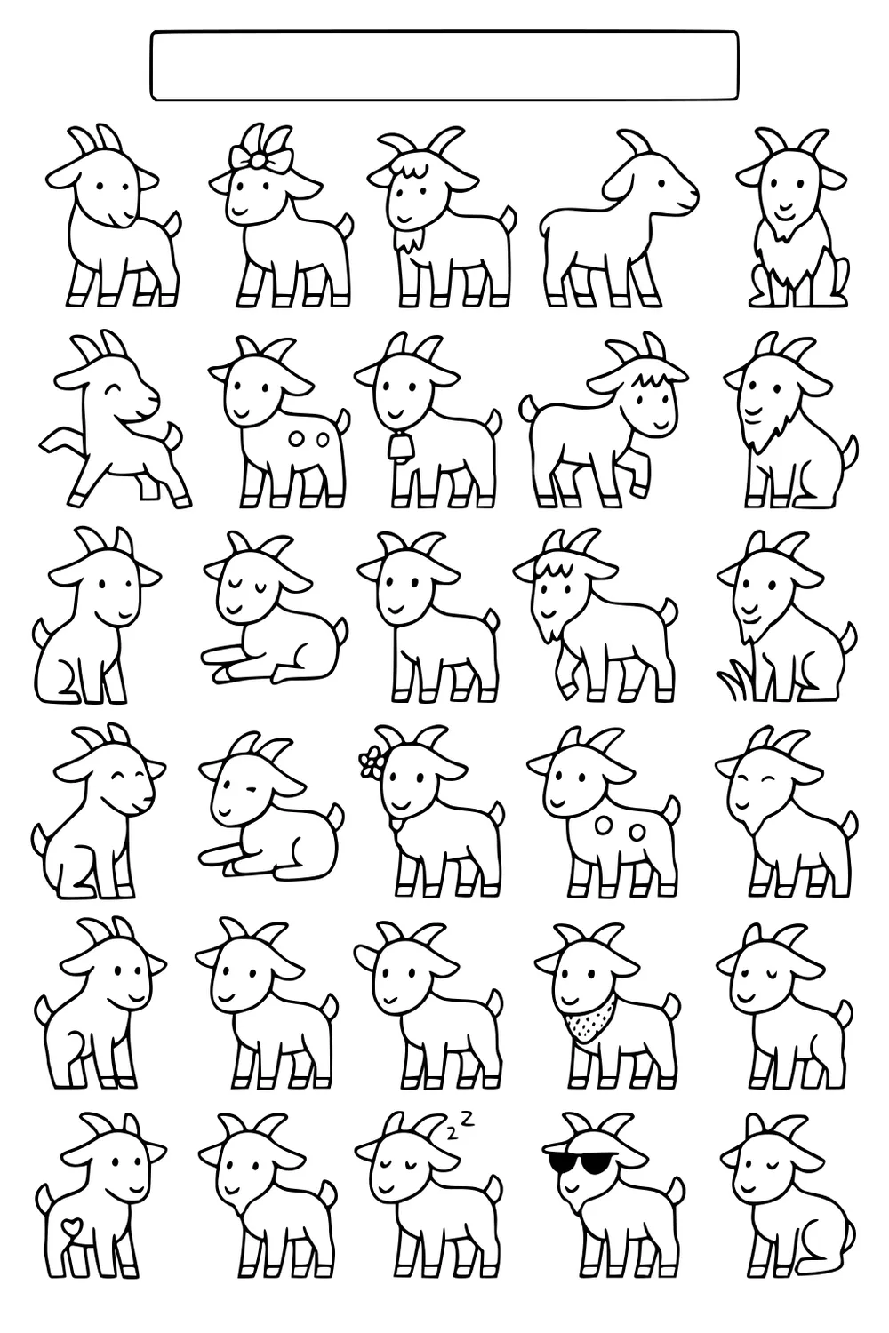 Grid of twenty-five cartoon goats, each with a unique pose, facial expression, and fun details like bows, flowers, and sunglasses.